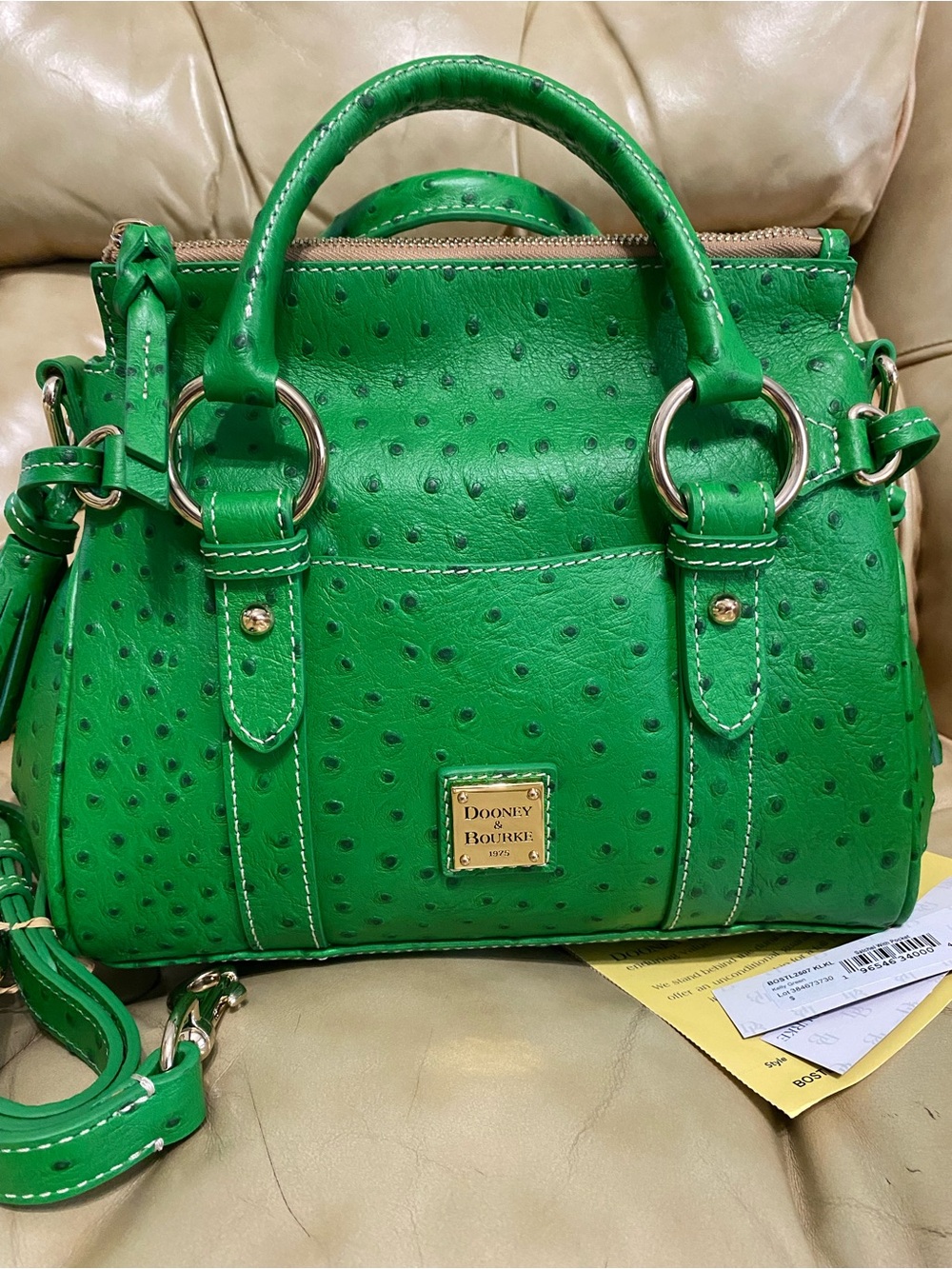 NEW Dooney & Bourke Kelly Green Pocket Satchel Ostrich Embossed Leather Tassel